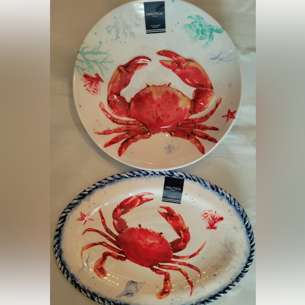 2x Nautica Large Serving Platter Bowls Embossed Crab Coastal Nautical Melamine